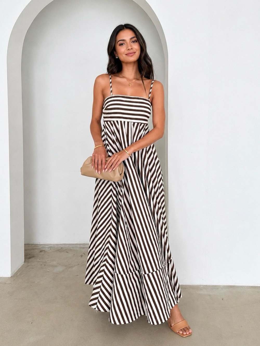 Commense Brown and White Striped Spaghetti Strap Maxi Dress